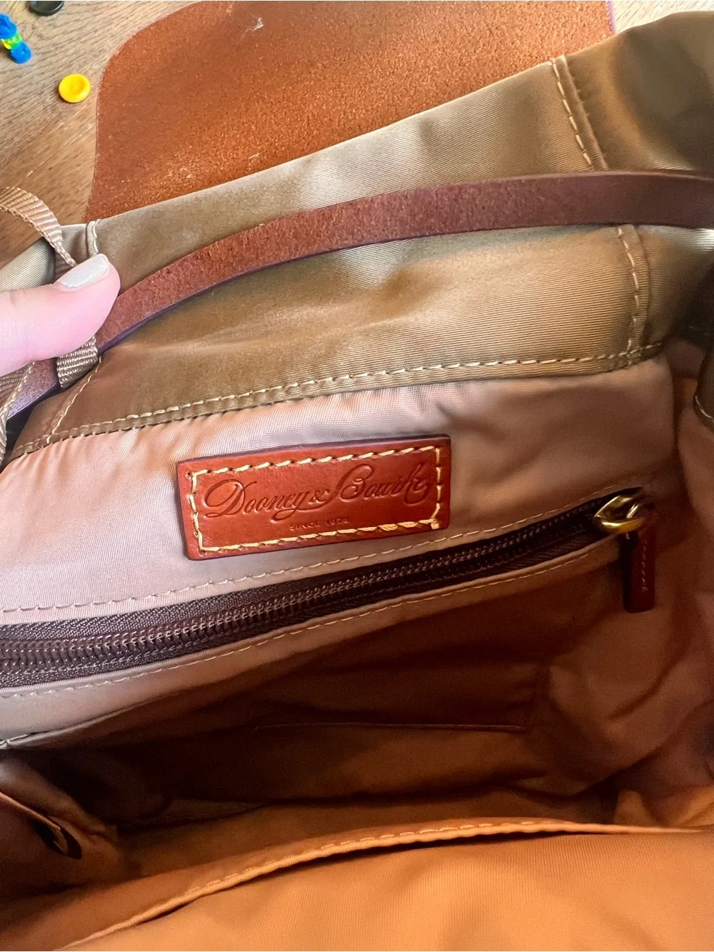 Dooney & Bourke Tan Olive Nylon and Brown Leather top  Old Money Style Backpack